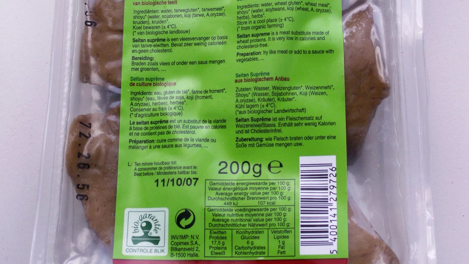 A packaged seitan product used to compare gluten-based chewy snacks