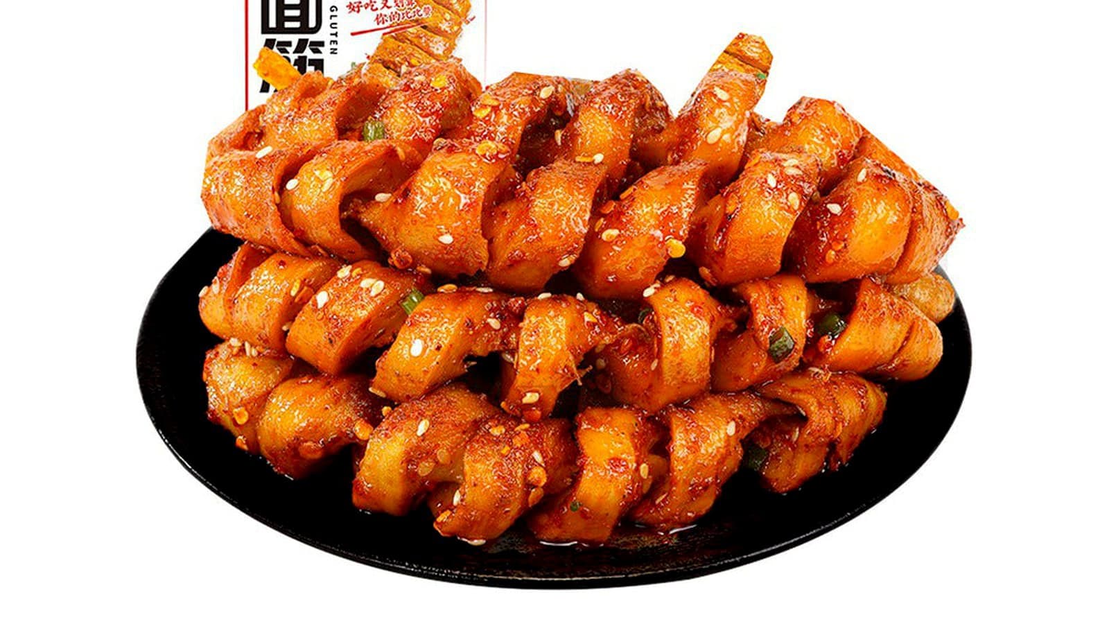 Long grilled gluten strips laid out side by side for a BiBiZan product review