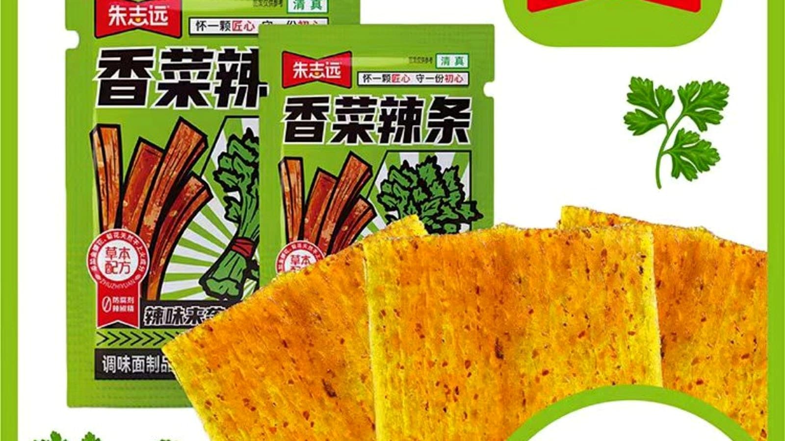驻之源辣条测评：素肉条路线、豆制口感与对比价值 正文中段配图：Weee! - Zhuzhiyuan cilantro spicy strip product image